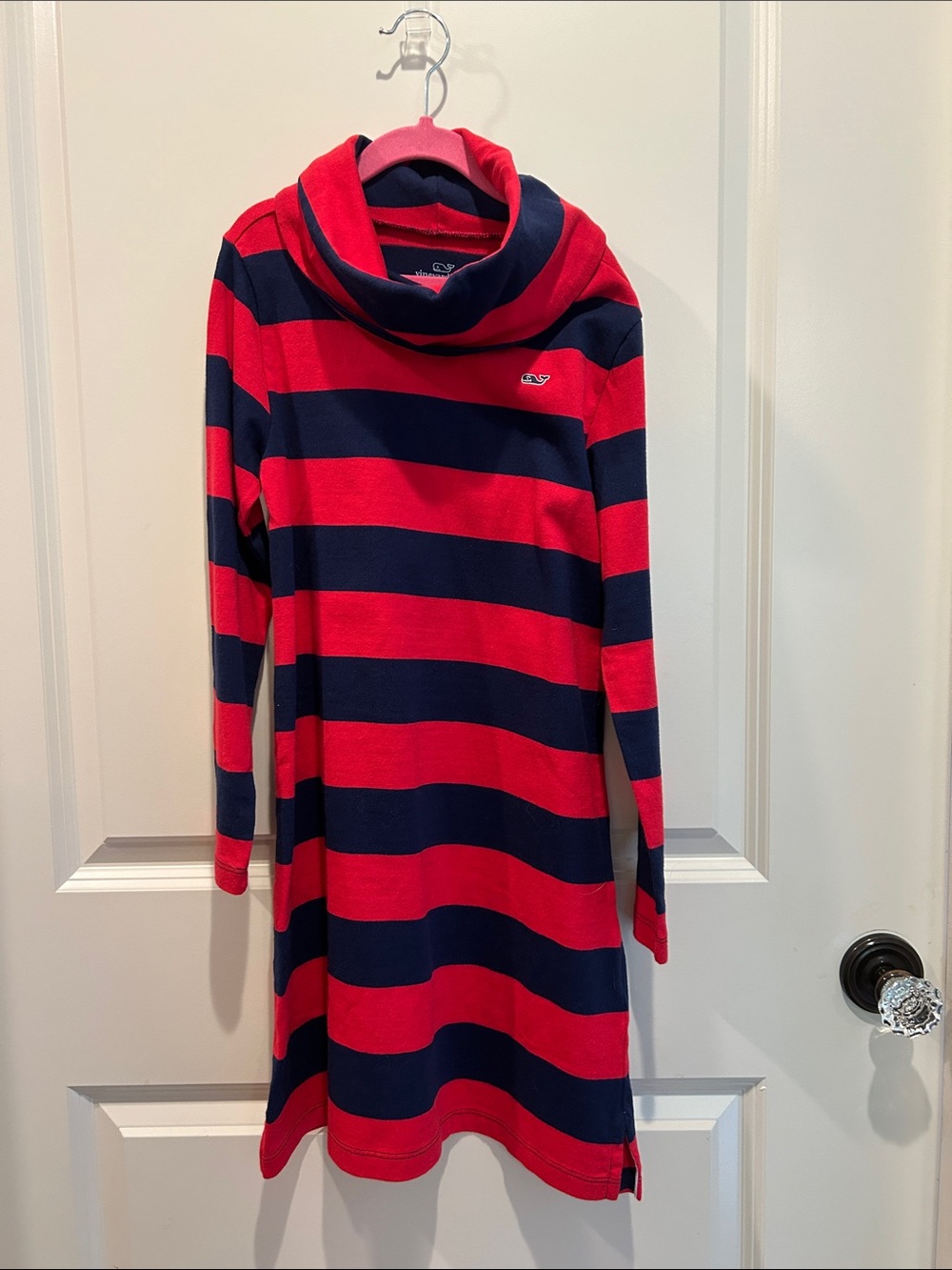 Vineyard Vines Girls Red and Navy Striped Cowl Neck Dress, sz M (8-10). NWT